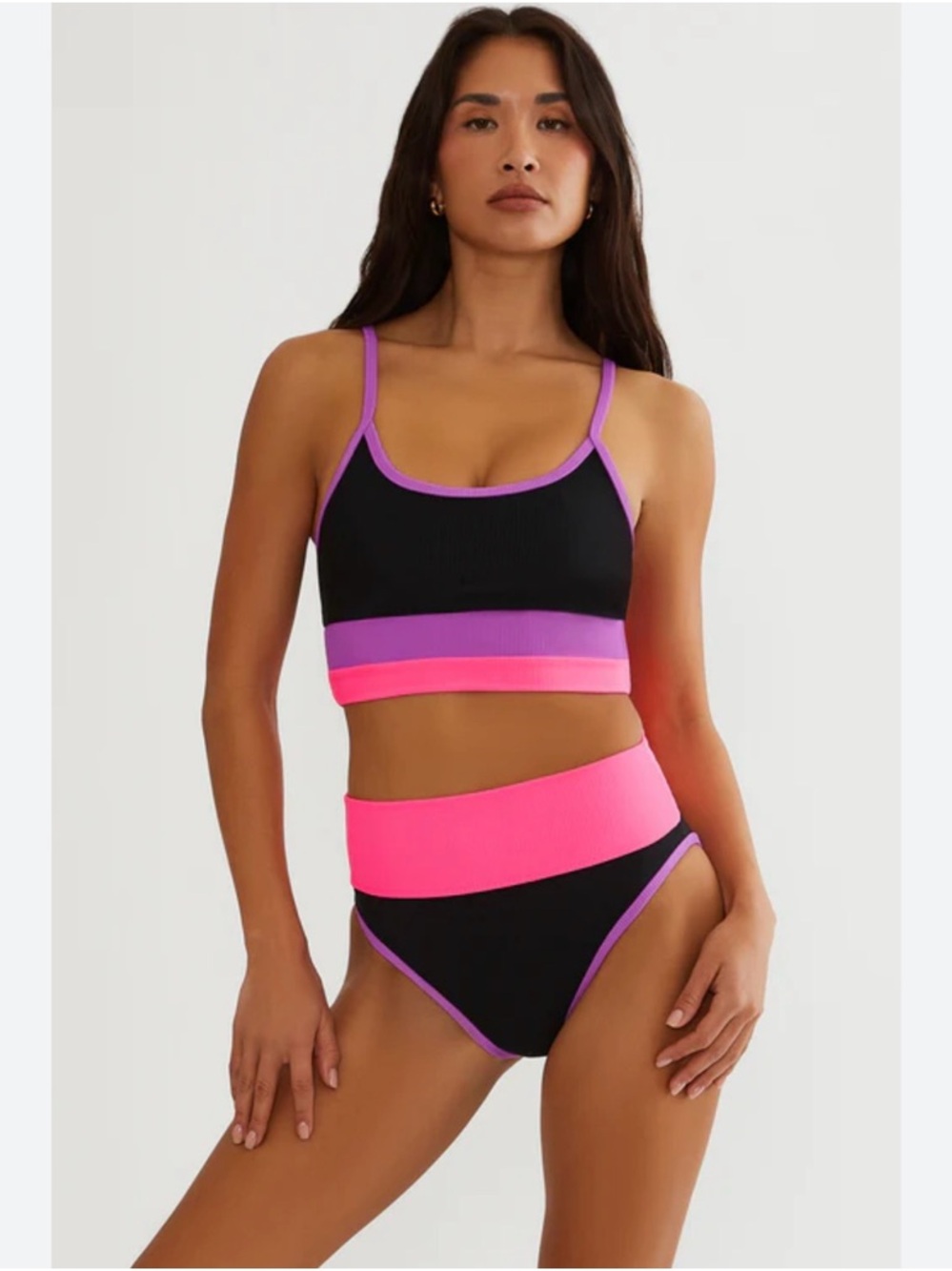Beach Riot Black Bikini Set with Hot Pink & Purple Trim. Top and bottom.
